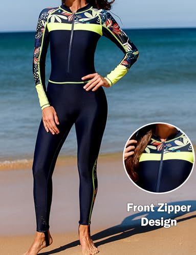 FEOYA Women Full Body Swimsuit One Piece Rash Guard UPF 50+ Swimwear Dive Skins Suit Floral Printed4