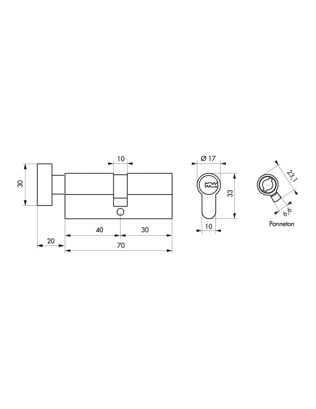 THIRARD - Cilindro Serratura con Pomolo T2 - Nickel - Massima Sicurezza - Anti-Strappo, Anti-Trapano, Anti-Scasso, Anti-Snap - 40B x 30 mm - Grigio - 5 Chiavi Piatte Reversibili