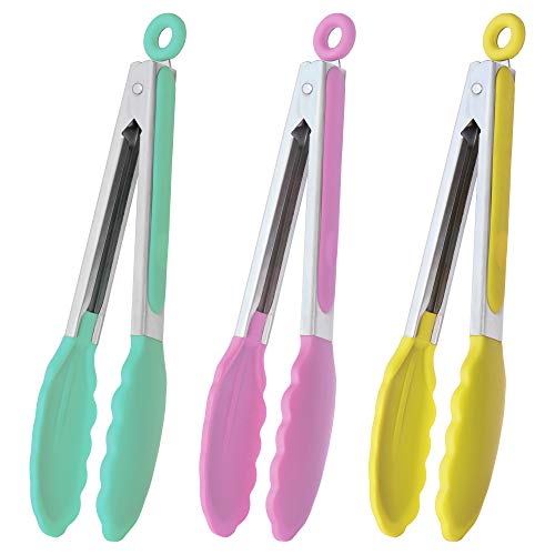 HINMAY 9-Inch Serving Tongs with Silicone Tips, Set of 3 (Mint Pink Yellow)