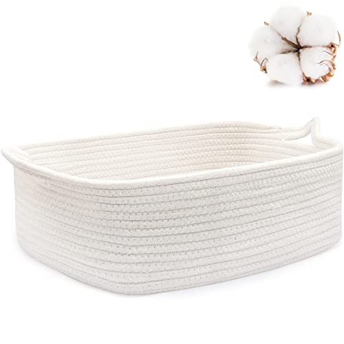 ABenkle Rope Basket Storage Gift Rectangle Under Shelf Decorative Boho Woven Basket with Handle Dog Toy Egg Fruit Snack Towel Easter for Baby White Small