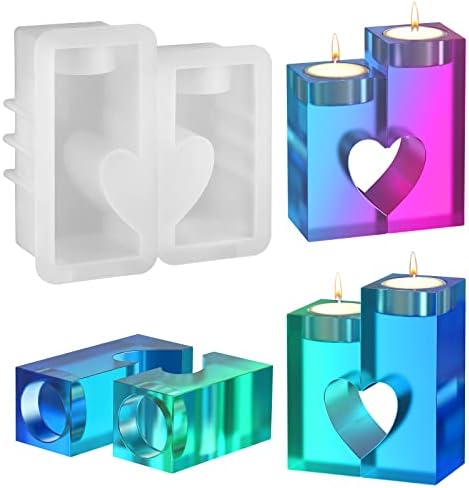 Haphiz 2PCS Stitching Resin Moulds Love Heart Candlestick Silicone Moulds DIY Decoration Crafts Home Decorations Casting Tools for Candles Birthday Valentines Decoration