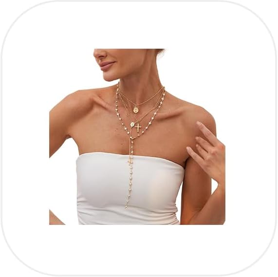 4Pcs Long Pearl Tassel Clavicle Chain Necklace Multilayered Cross Coin Pendant Collar Necklace Wedding Bridal Pearl Chest Chain Jewelry for Women