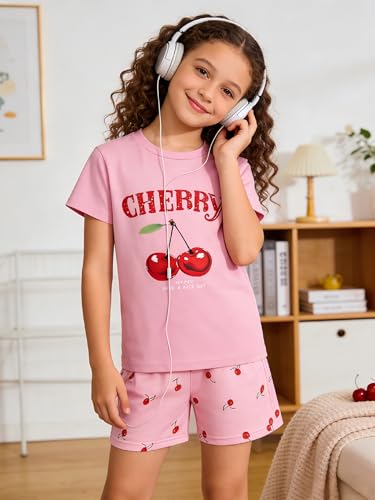 Image of KIDLAGA Girls Two Piece Sets Cherry Pattern Short Sleeve Shirts and Shorts Set With Pockets Girls Summer Outfits Size 7-14