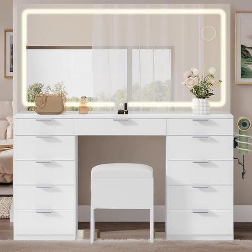 YITAHOME Large Vanity Desk with Mirror and Lights, Big Makeup Vanity with Power Outlets & 11 Drawers, 3 Lighting Modes Adjustable Bedroom Dressing Table for Bedroom, Dressing Room, Black Bla