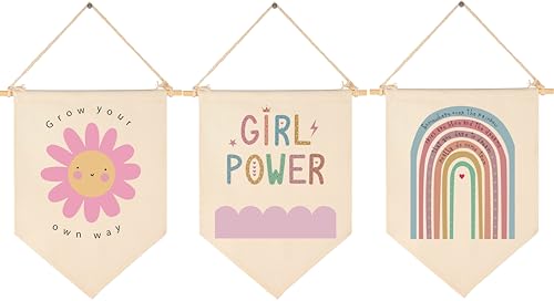Girl Power-Grow Your Own Way-Canvas Hanging Pennant Flag Banner Wall Sign Decor Gift for Baby Boys Girls Kids, Gifts for Nursery Baby Room Playroom Bedroom Front Door-Sun Rainbow-Set of 3