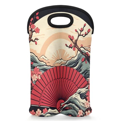 GzLeyigou 2 Bottles Japanese Fan Wine Bag Sleeve Totes Neoprene Protective Wine Carrier Bag for Wine,Water, Champagne, Beer, Baby Bottles,Gift 14.5 x 10 Inches
