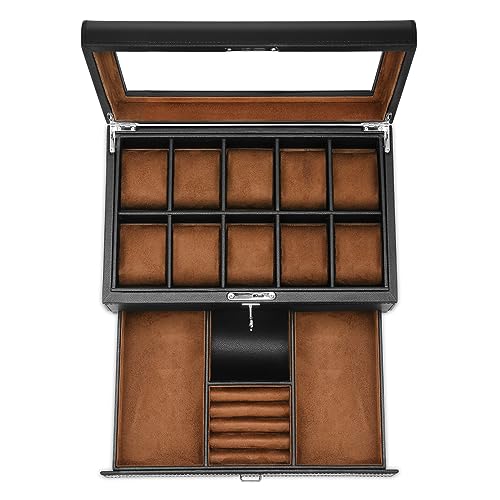 Image of 10-Slot Watch Box With Valet Drawer, PU Leather Watch Display Case | Soft Microsuede Liner Guards Timepieces, Split Drawer Holds Cufflinks, Rings & Shades, Premium Mens Accessory Storage Gift