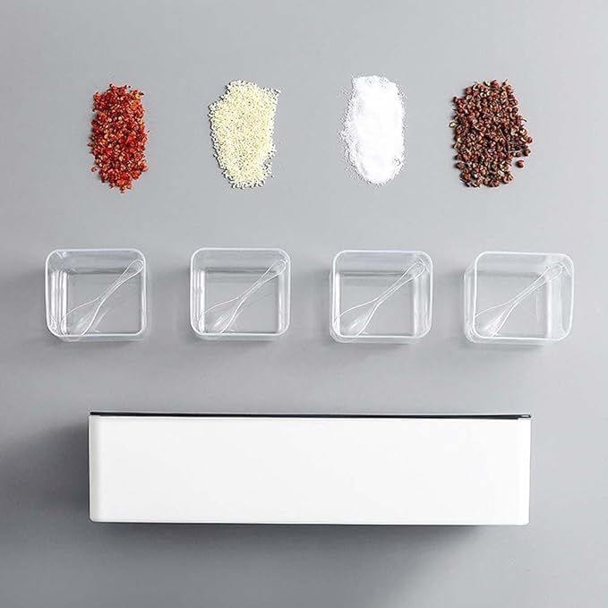 Image of Wall Mounted Spice Storage Box With Spoon For Kitchen, Multipurpose Self Adhesive Seasoning Masala Spice Rack Shelf With Cover,plastic spice rack masala organiser