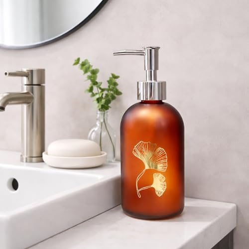 Image of Luxe Home International Flower Print Glass Soap Dispenser for Bathroom and Kitchen Sink Leak Proof Liquid Hand Wash Round Bottle Lightweight Smooth Finish (19.5x7.5 cm Red-Brown) Pack of 1