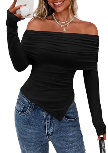PRETTYGARDEN Off The Shoulder Tops for Women Fall Fashion 2025 Long Sleeve Shirts Going Out Slim Fitted Blouses Y2K Clothes