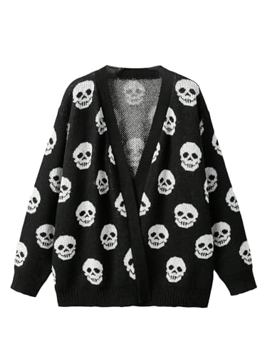 WDIRARA Women's Plus Size Halloween Skeleton Skull Cardigans Drop Shoulder Open Front Cardigan Sweater - Main Image