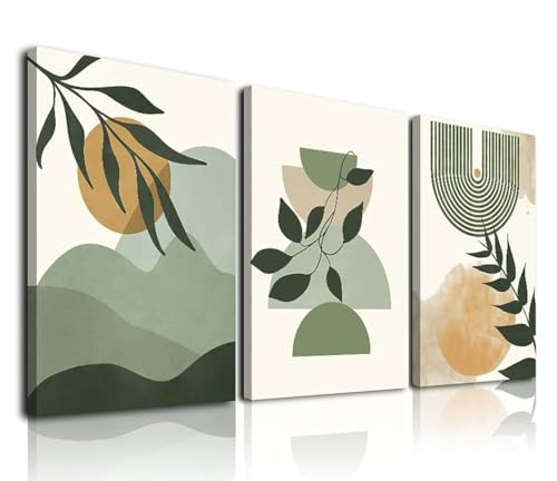 مجموعة لوحات فنية جدارية بوهو خضراء من KBKBART مكونة من 3 قطع، لوحات فنية جدارية مؤطرة بقماش بأوراق خضراء وشمس وجبل وخطوط هندسية تجريدية، مطبوعات جدارية عصرية من منتصف القرن، ديكور حائط بوهو أخضر