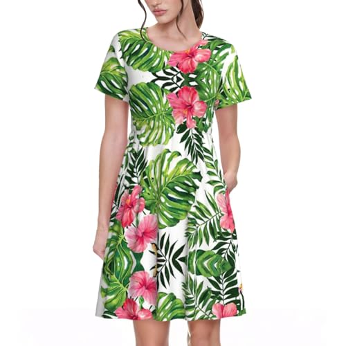 Robe d'été mi-longue pour femme imprimé feuilles tropicales