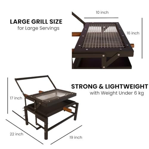Image of COGO FLIP Large BBQ | Tongs & Oil Brush | Flipping Mechanism | Adjustable 4 Heat Levels | 17 x 22 x 19 inch | Lightweight & Strong Metal Frame | Home Charcoal Grill | Outdoor Barbeque | Colour: Black