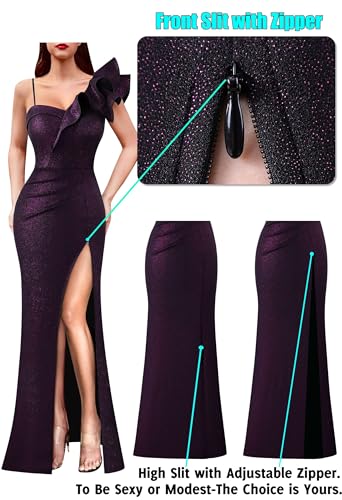 Image of VFSHOW Womens Ruffle One Shoulder Strap Ruched Formal Prom Wedding Maxi Dress V Neck Elegant Split Cocktail Evening Long Gown