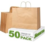 Jiomrzo 50 Pcs Large Brown Kraft Paper Bags with Handles (16x6x12 Inches) - Recycled Bulk Paper Bags for Small Business, Shopping, Gifts, Retail & Grocery