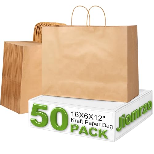 Jiomrzo 50 Pcs Large Brown Kraft Paper Bags with Handles (16x6x12 Inches) - Recycled Bulk Paper Bags for Small Business Shopping Gifts Retail & Grocery