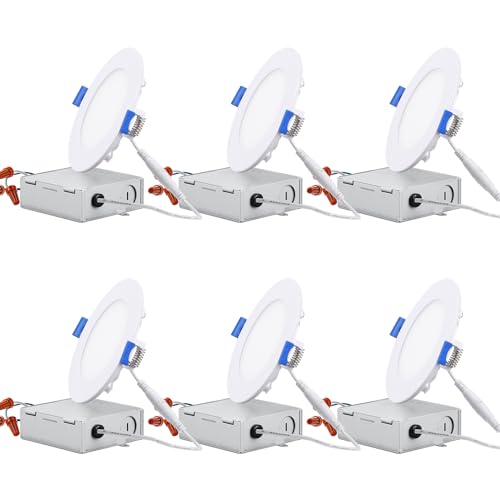 TORCHSTAR Essential Series 4 Inch Ultra-Thin LED Recessed Lighting with J-Box, 10W Dimmable Slim Panel Downlight 650lm, ETL & Energy Star Listed, 4000K Cool White, Pack of 6
