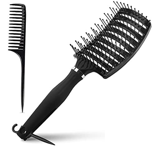 Hair Brush for Curly and Straight Hair, Scalp Massage Hairbrush, Detangling Soft Bristle Comb with Hook Handle Smoothes for Adults/Kids Wet and Dry Hair