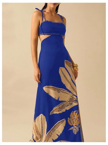 Image of SOLY HUX Women's Summer Maxi Dress Boho Print Tie Shoulder Spaghetti Strap Cut Out Tie Back Cami Dresses Sundress