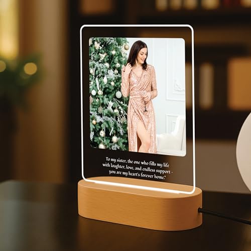 Image of Giftplease Personalised Photo Acrylic Frame with Wooden LED Base - Custom Picture Desk Display for Sister, Unique Raksha Bandhan Gift for Sister from Brother, Birthday, Anniversary & Keepsake Decor