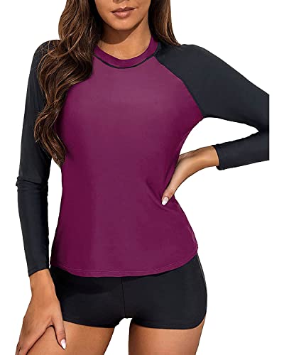 Daci Women Dark Purple Two Piece Rash Guard Long Sleeve Swimsuits Uv Upf 50+ Swim Shirt Bathing Suit With Boyshort Bottom L #TOP1