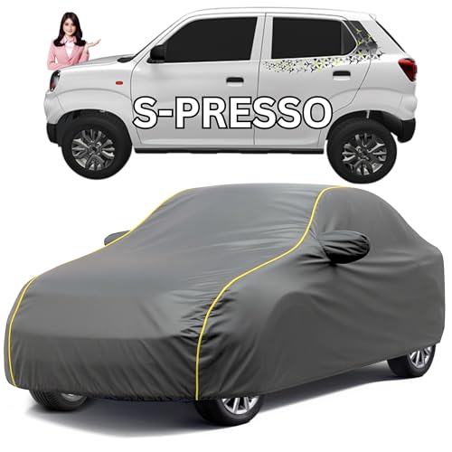 Image of Avecrew 100% Waterproof Car Cover for Maruti Suzuki S-Presso All Model Mirror & Antenna Pocket Triple Stitched, Dustproof Full Body Protection (Heat & UV Resistant,Grey)