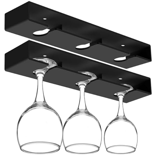 2Pack Wine Glass Holder Under Cabinet Shelf,Plastic Wine Glass Rack Stemware Drying Storage Hanger for Kitchen,Bar and Restaurant(Black)