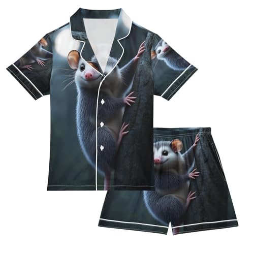 Satin Pajama Sets Short Sleeve Opossum Climbing Tree Button Down Silky Nightwear 2 Piece PJS 5-14Y