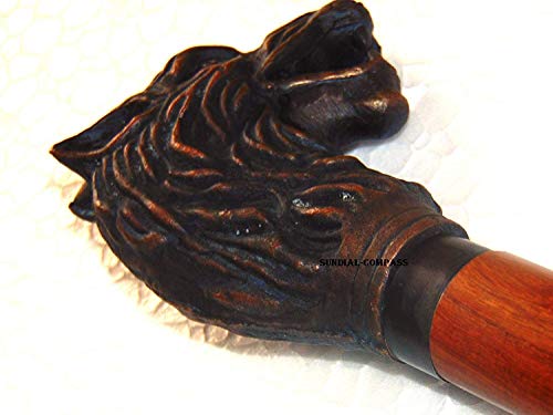 Bâton de marche en bois sculpté main loup amérindien randonnée nature