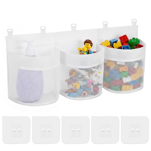 Bath Toy Storage 60cm Bath Toy Organiser Hanging Bath Toy Net Large Openings Bath Toy Storage Bags with 3 Compartment Bath Toy Holder with 5 Strong Adhesive Hooks for Bathroom Tidy