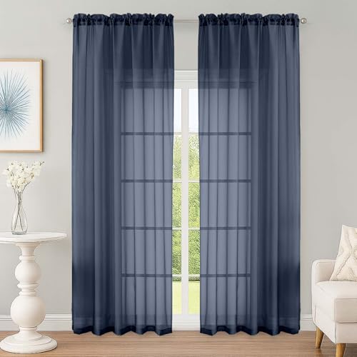 Image of OWENIE Navy Blue Sheer Curtain 90 Inches Long 2 Panels Set, Solid Filmy Drapes for Living Room Bedroom, Elegant Window Voile Sheer Curtain Panels Drapes, 2 Pcs, Each 59 inch Wx90 L Inch