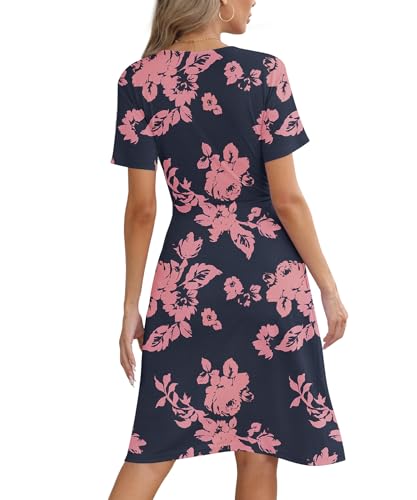 Image of KUOTAI Women's Summer Short Sleeve Casual Dresses Wrap V Neck Beach Outfits Party Flowy Dress with Pockets, Rose Silhouette, Small