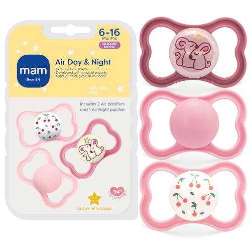 Image of MAM Air Pacifier for Babies 6-16 Months, Extra Air Flow for Sensitive Skin, Glows in The Dark, Developed with Medical Experts, BPA-Free Skin Soft Silicone, 3 Count, Made in Europe