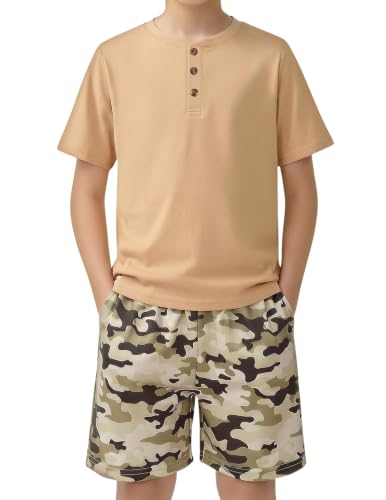 Image of Arshiner Boy's Textured Button Up Shirt and Shorts Set 2 Piece Summer Beach Outfit for 5~12 Years Kids
