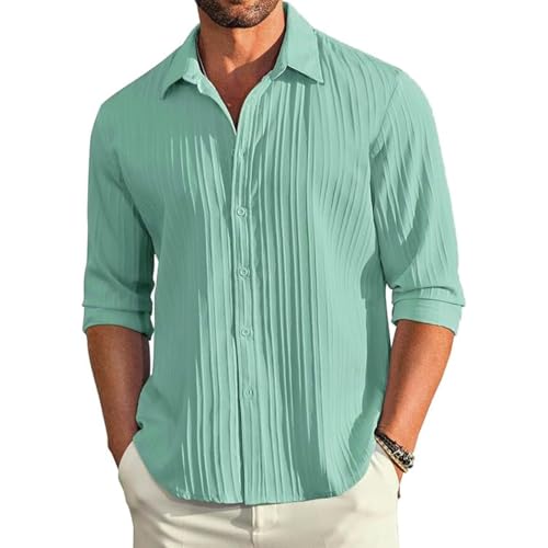 Image of DEELMO Men's Button Down Dress Shirts Textured Long Sleeve Casual Hawaiian Beach Shirt