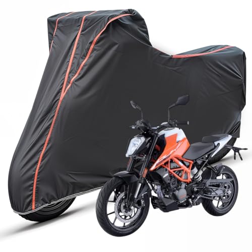 Image of Two Wheelers Bike Body Cover Compatible for KTM 125 Duke, UV Resistant, Dustproof, Triple Stitched, Elastic Bottom, Red Piping Motorcycle Cover (Black, Pack of 1)