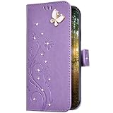 Uposao Kompatibel mit Samsung Galaxy A20 / A30 Hülle Leder Handy Hülle Schutzhülle Glänzend Glitzer Bling Strass Diamant Schmetterling Blumen Flip Tasche Case Lederhülle Klapphülle,Helles Lila