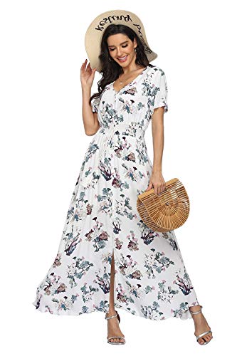 Image of VintageClothing Women's Floral Maxi Dresses Boho Button Up Split Summer Casual Long Dress Beach Party Dress