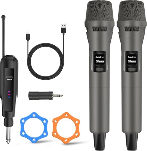 Aveek Wireless Microphone 2-Pack, Dual Handheld Cordless Rechargeable Wireless Mics System with Receiver, Karaoke Microphones for Singing, Weddings, DJ, Parties & Speech (Grey)