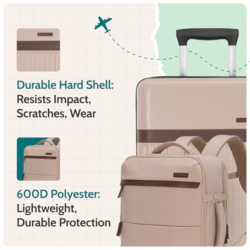 Image of U.S. Traveler Vista Way 3-Piece Travel Set, 21-Inch Carry-on Hardside with TSA Lock, 18-Inch Travel Backpack with Laptop Sleeve, Toiletry Bag, Beige