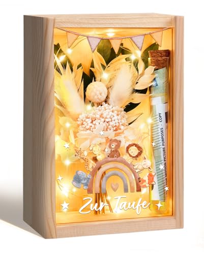 Taufgeschenke für Mädchen Jungen, Geldgeschenke Verpackung Taufe, inklusive Holzbox+Trockenblumen+LED Lichterkette+Reagenzglas+Taufkarte, Kreative Geschenke zur Taufe