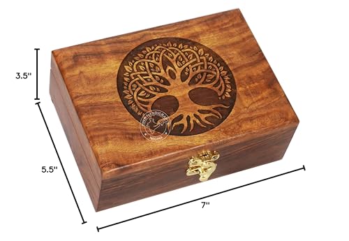 Image of Rosewood Handmade Wooden Urn | Tree of Life Engraving Handcarved Jewellery Box for Women & Men | Home Decor Accents | Decorative Keepsake Box | Storage & Organiser (7 inchx5 inchx2.5 inch, - 60 Cubic Inch)