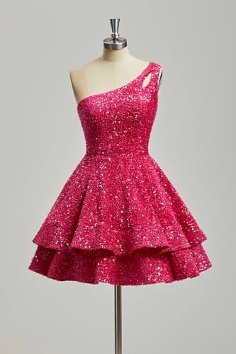 One Shoulder Sequin Homecoming Dresses 2025 Short Sparkly Tiered Cocktail Party Gown for Teens2