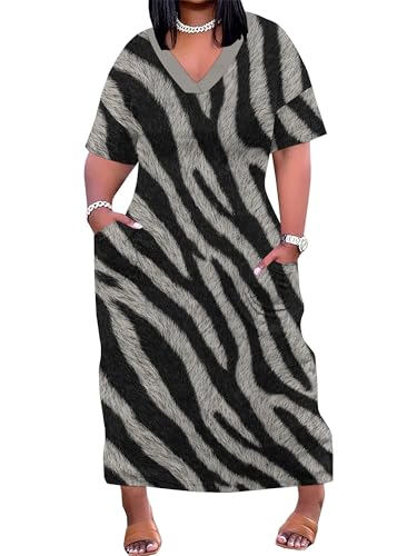 Image of PinkPatty Women's Plus Size Short Sleeve Maxi Dress Casual Loose V Neck Long Dress with Pockets