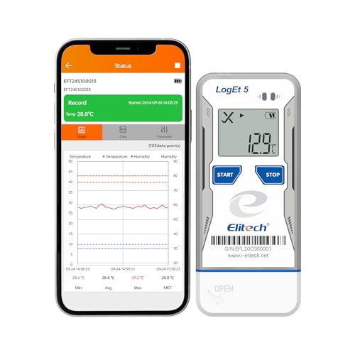 Image of Elitech Bluetooth Temperature Data Logger FDA Standards, Reusable Recorder with Shadow Data 32000 Points, Auto PDF /CSV Report, for Windows /MacOS, Refrigerator Thermometer LogEt5B-T, Blue