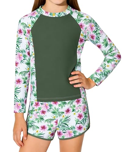 Image of Girls Rash Guard Long Sleeve Swimsuit 2 Piece Bathing Suit UPF 50+ Summer Beach Swimwear for Girl 5-14 Years