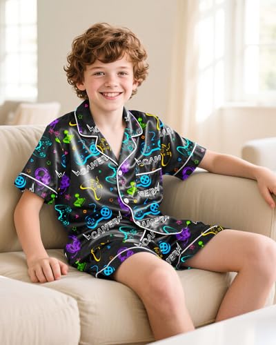 Boys Pajamas Kids Silky Satin Pajamas Set 2Pcs Boys Summer Short Sleeve Button-Down Pjs Lounge Sleepwear Nightwear Size 8-144