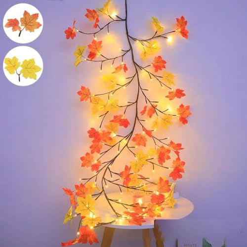 Image of Decorative Maple Leaf Vine String Lights 5.25 ft, 72 LED Fairy Lights with Remote Control, 8 Lighting Modes, USB Powered Wall Decoration Lights for Bedroom, Wedding & Festival