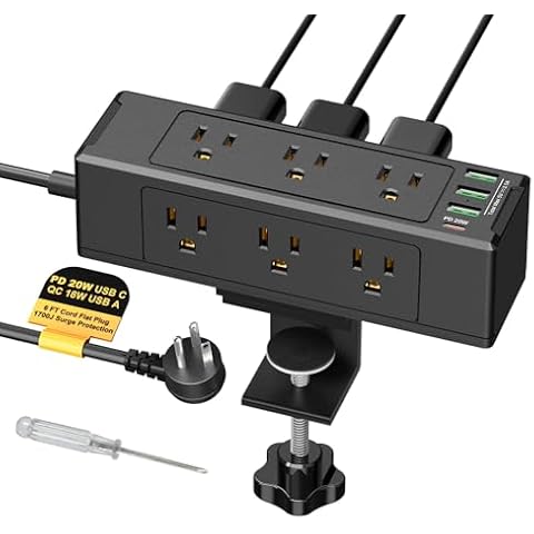 Desk Clamp Power Strip with USB C, Desk Surge Protector Power Strip with 9 AC Plugs 4 USB Ports, Desktop Edge Mount Outlets Charging Station, 6 FT Flat Plug, Removable Clamp Power Strip Cover